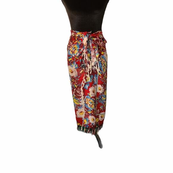 Floral Autumn Red & Gold Thin Knit Scarf Sarong Bohemian Festival Hipister - Picture 2 of 6